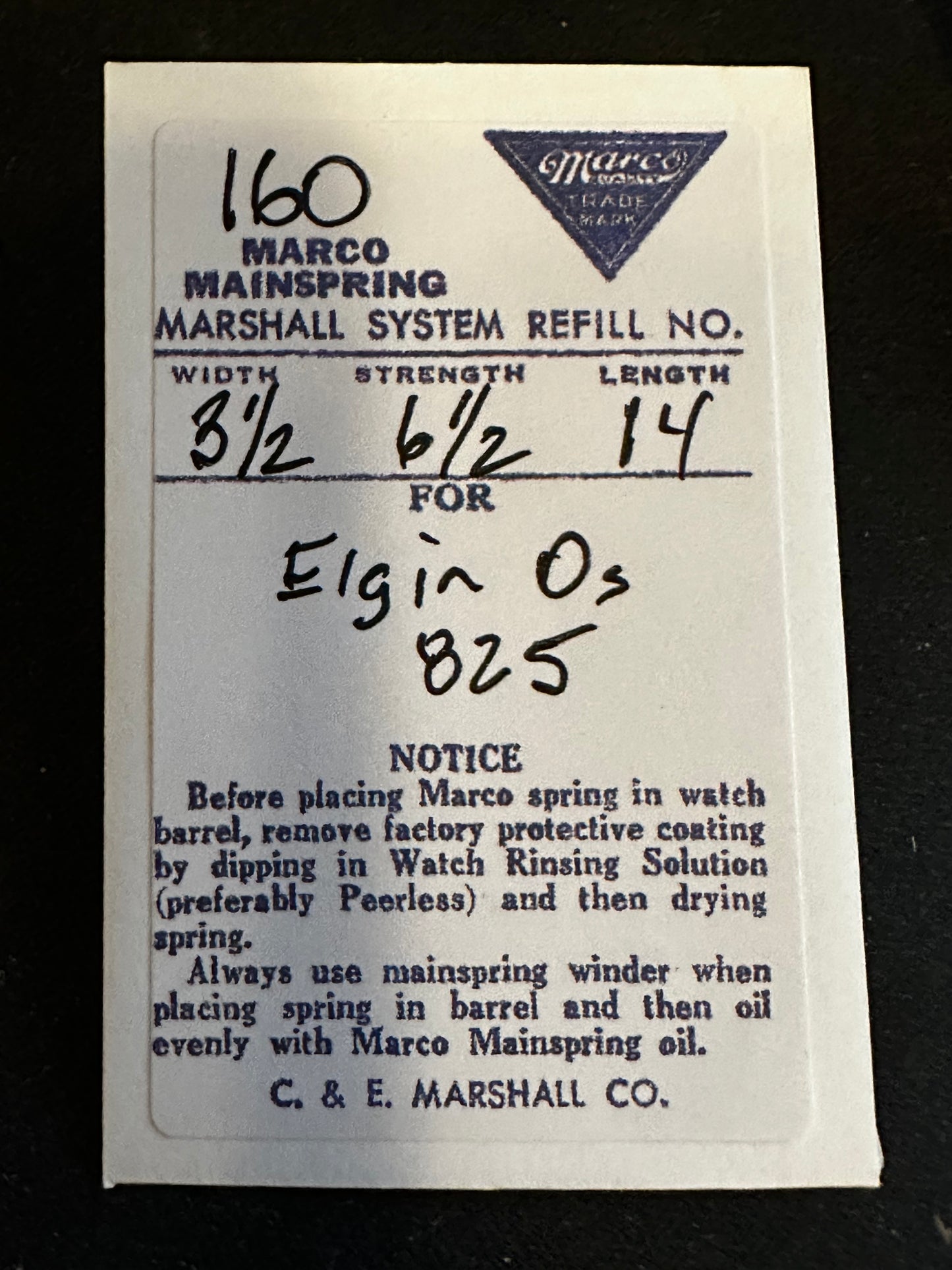 Marco Mainspring #160 for Elgin 0s Factory No. 825 - Steel