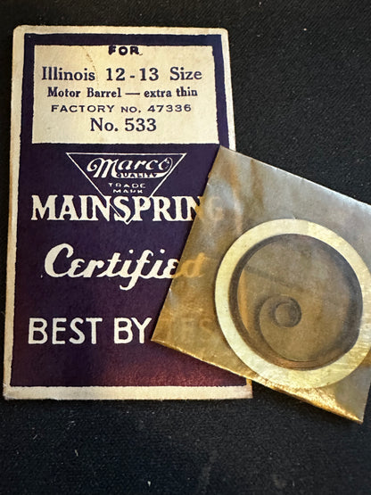 Marco Mainspring #533 for 12s - 13s Illinois Factory No. 47336 - Steel