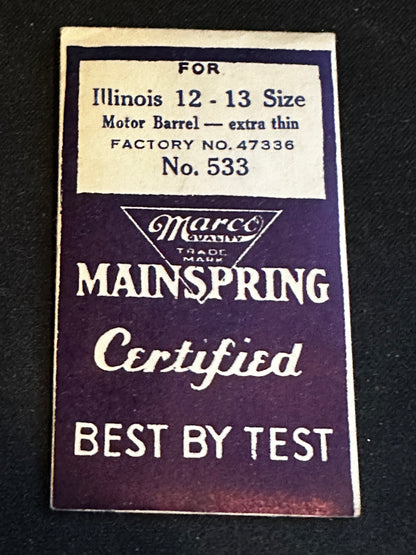 Marco Mainspring #533 for 12s - 13s Illinois Factory No. 47336 - Steel