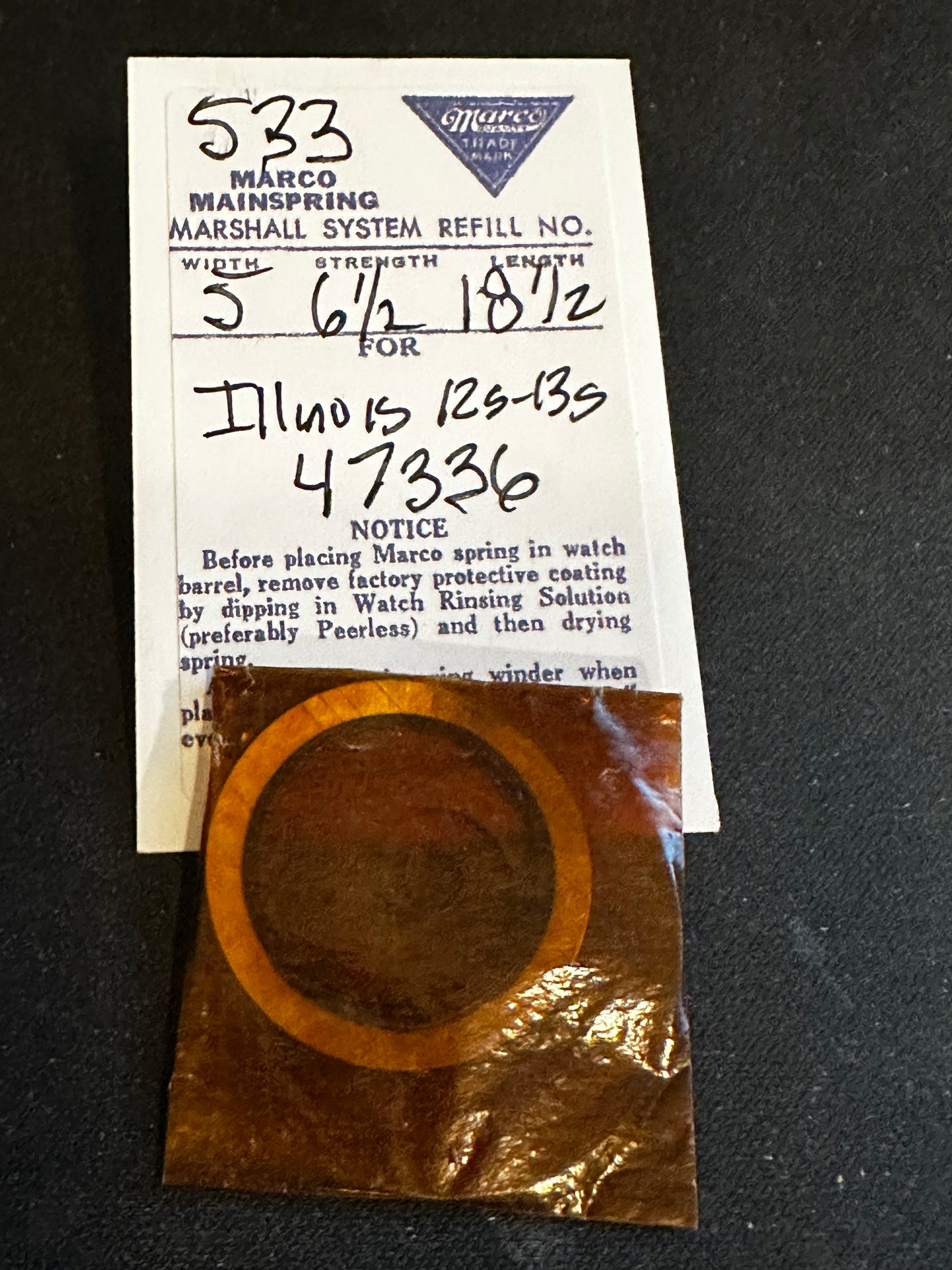 Marco Mainspring #533 for 12s - 13s Illinois Factory No. 47336 - Steel