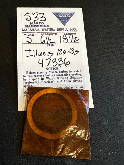 Marco Mainspring #533 for 12s - 13s Illinois Factory No. 47336 - Steel