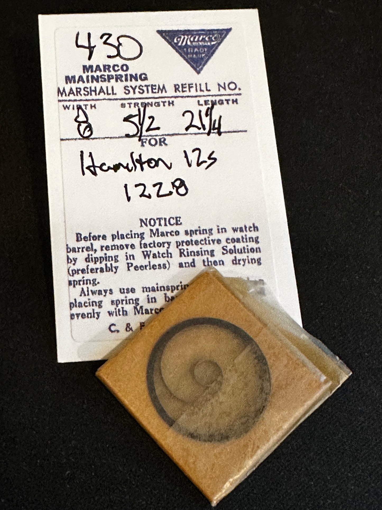 Marco Mainspring #430 for Hamilton 12s Factory No. 1228 - Steel
