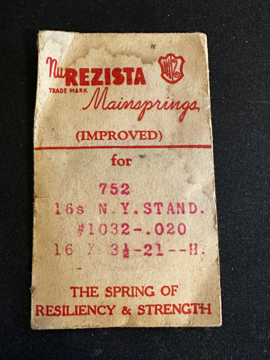NuREZISTA Mainspring #752 for 16s N.Y. Standard No. 1032 / 3196 HOLE - Steel