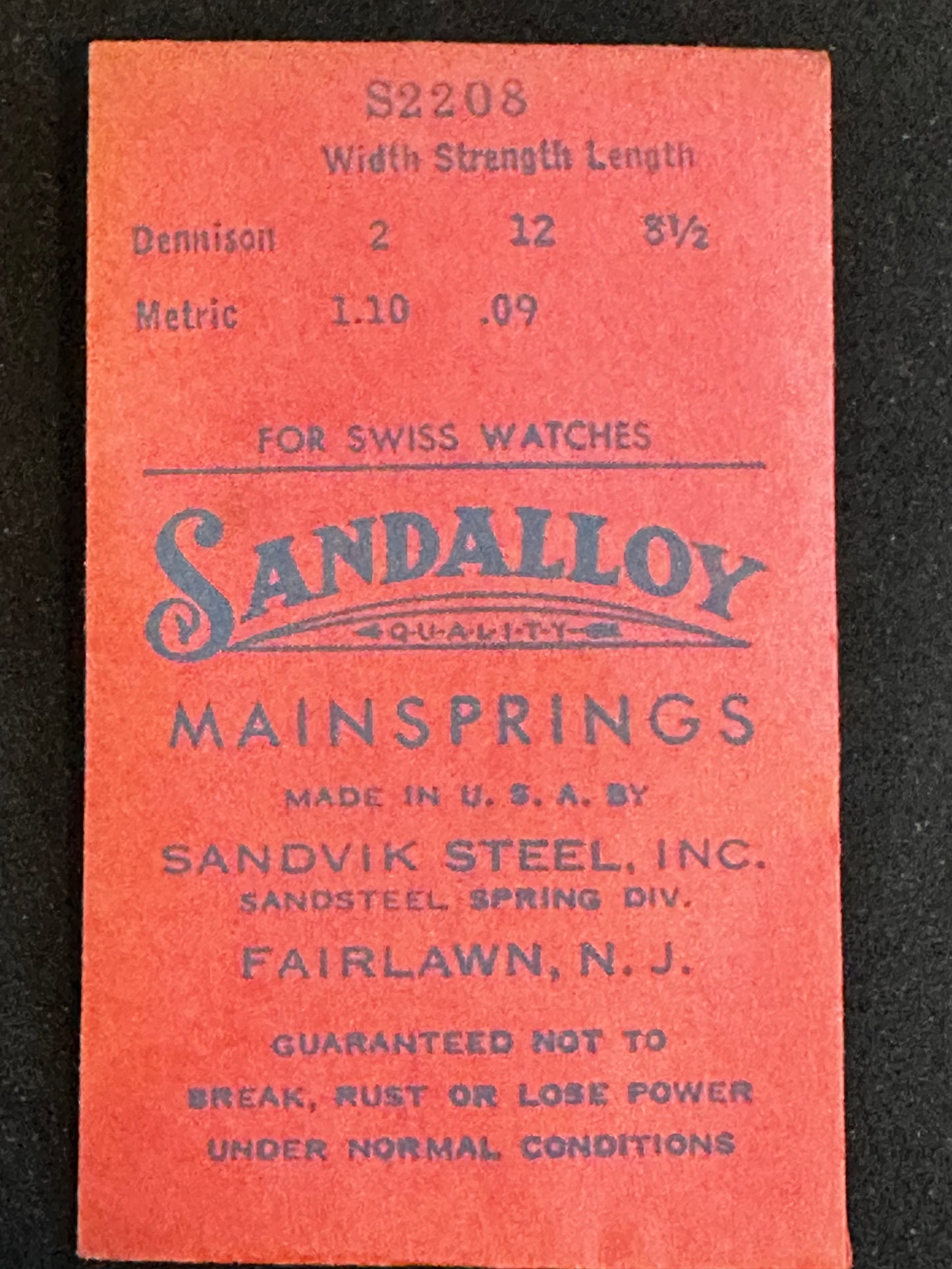 Sandsteel Sandalloy Mainspring S2208 for AS 555, 815, 846, 869, 878, 885, 921, 1092, Bulova 6K, 6S, 8P - Alloy