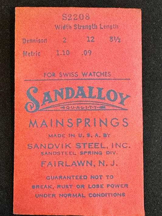 Sandsteel Sandalloy Mainspring S2208 for AS 555, 815, 846, 869, 878, 885, 921, 1092, Bulova 6K, 6S, 8P - Alloy