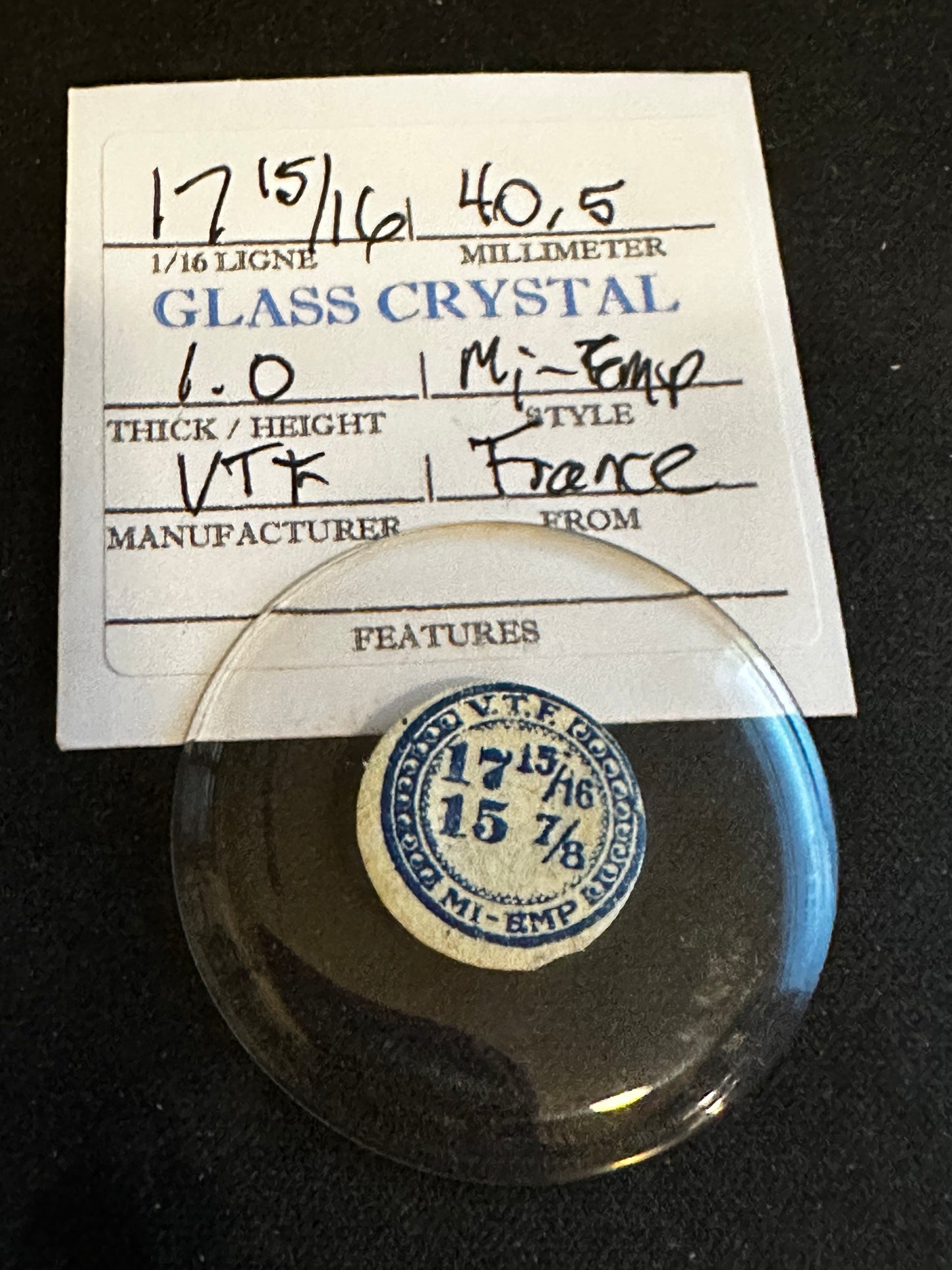 VTF Vintage Glass Pocket Watch Crystal 17-15/16 (~40.5mm) - NOS