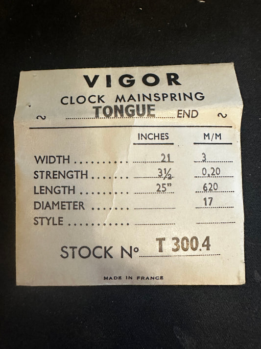 Vigor TONGUE End Clock Mainspring for Muller caliber 26 - 21 x 3½ x 25" Long - T 300.4