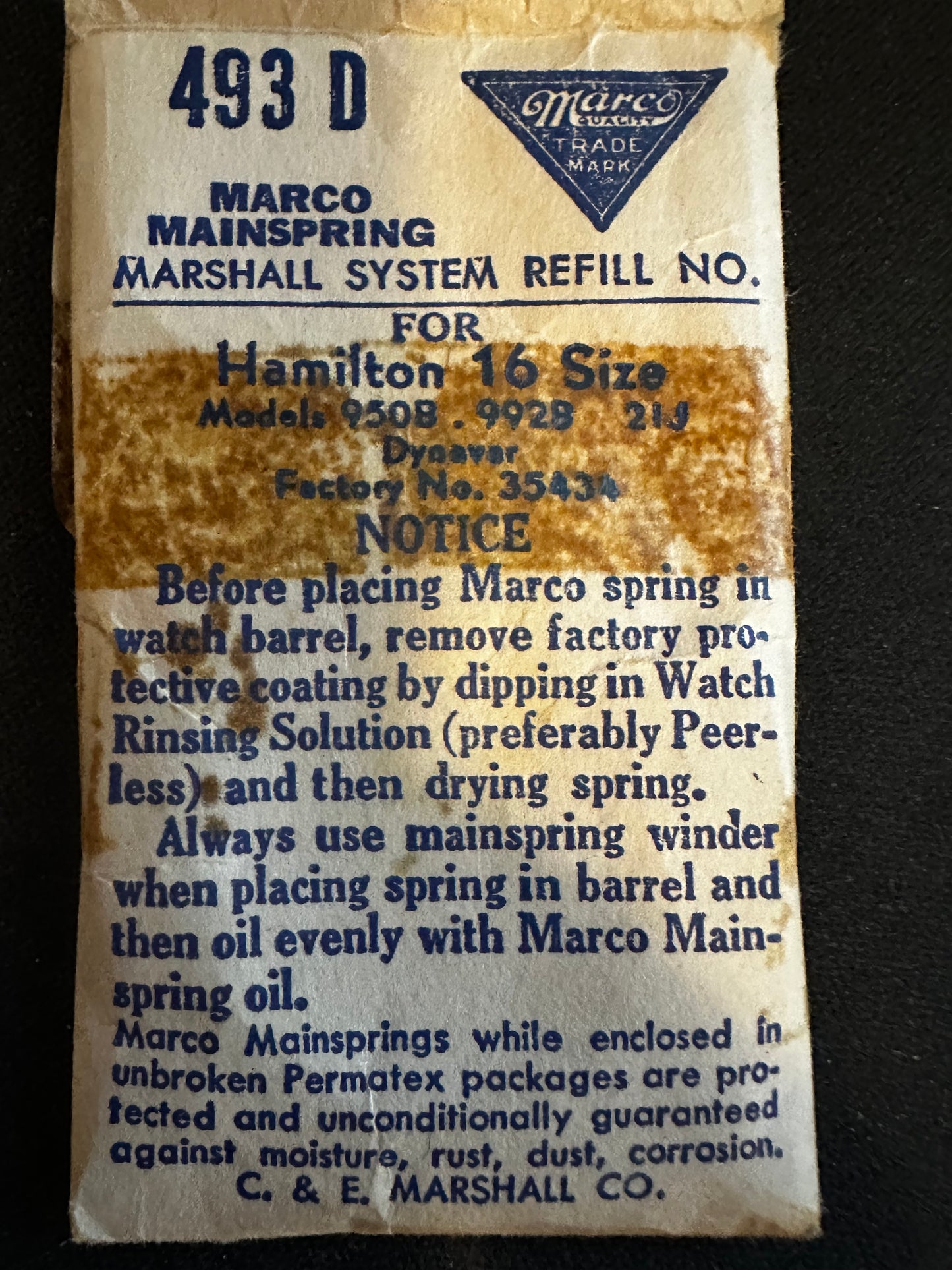Marco Mainspring #493D for Hamilton 16 Model 992B, 950B No. 35434 - Alloy