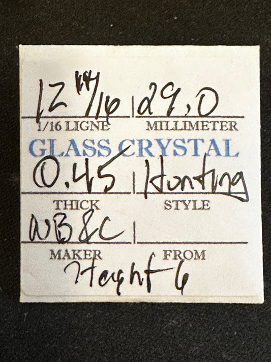 W. B. & C. Vintage Glass Hunting Case Watch Crystal 12-14/16 (~29.0mm) - NOS