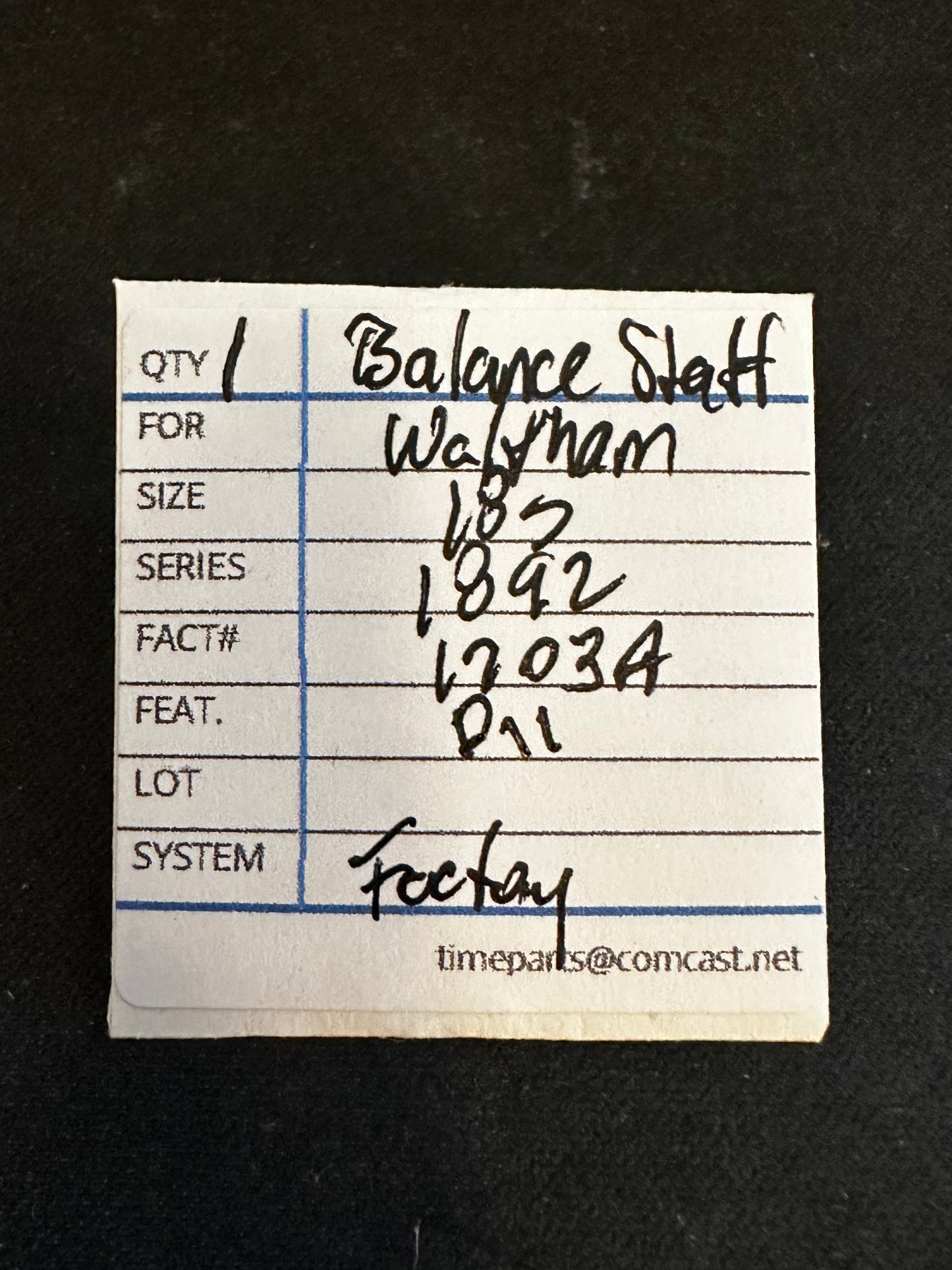 Waltham Factory Balance Staff for 18s Model 1892 No. 1703A