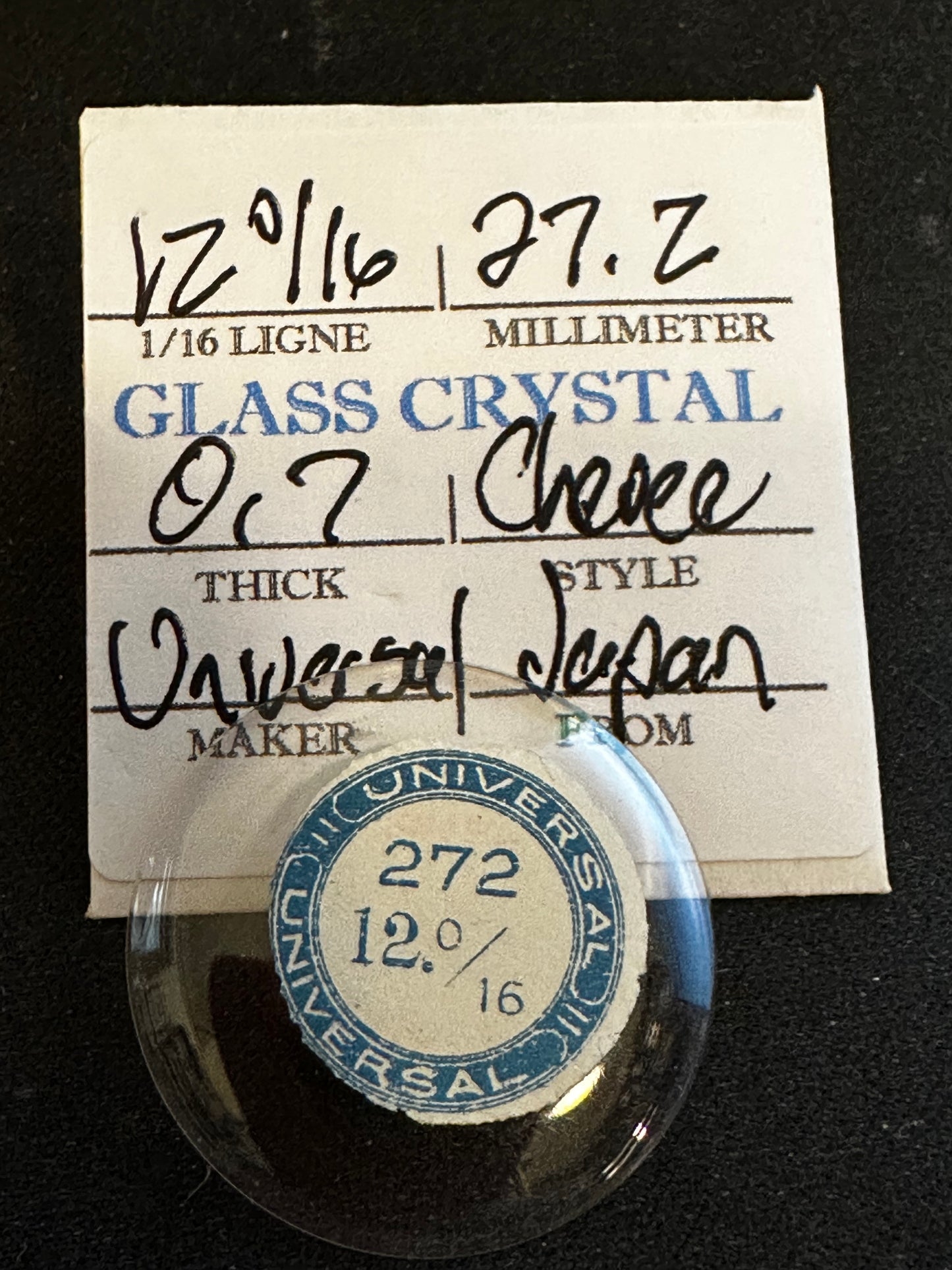 Universal Vintage Small Glass Watch Crystal 12-0/16 (~27.2mm) - NOS
