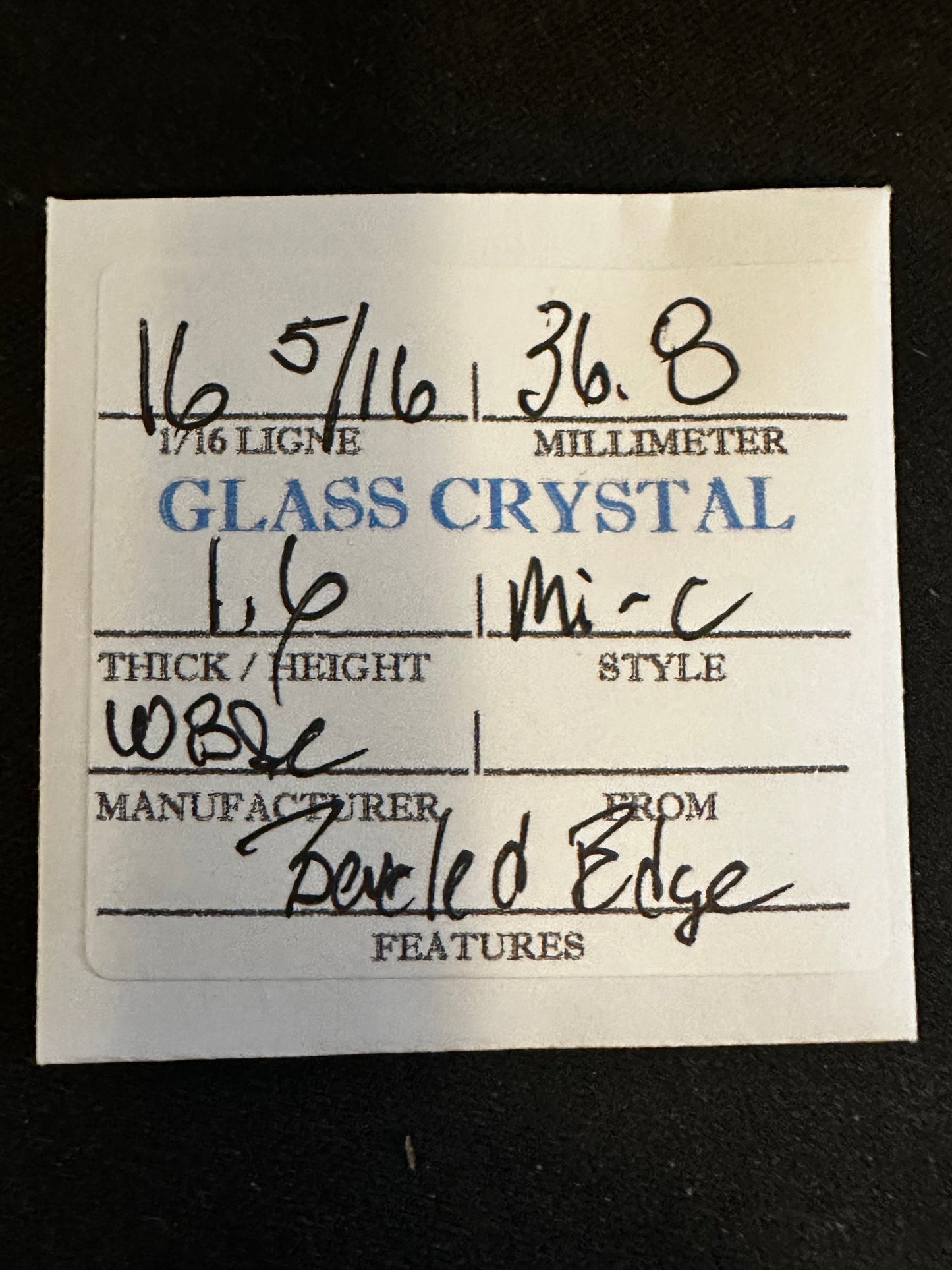 W. B. & C. Vintage Glass Watch Crystal 16-5/16 (~36.8mm) - NOS