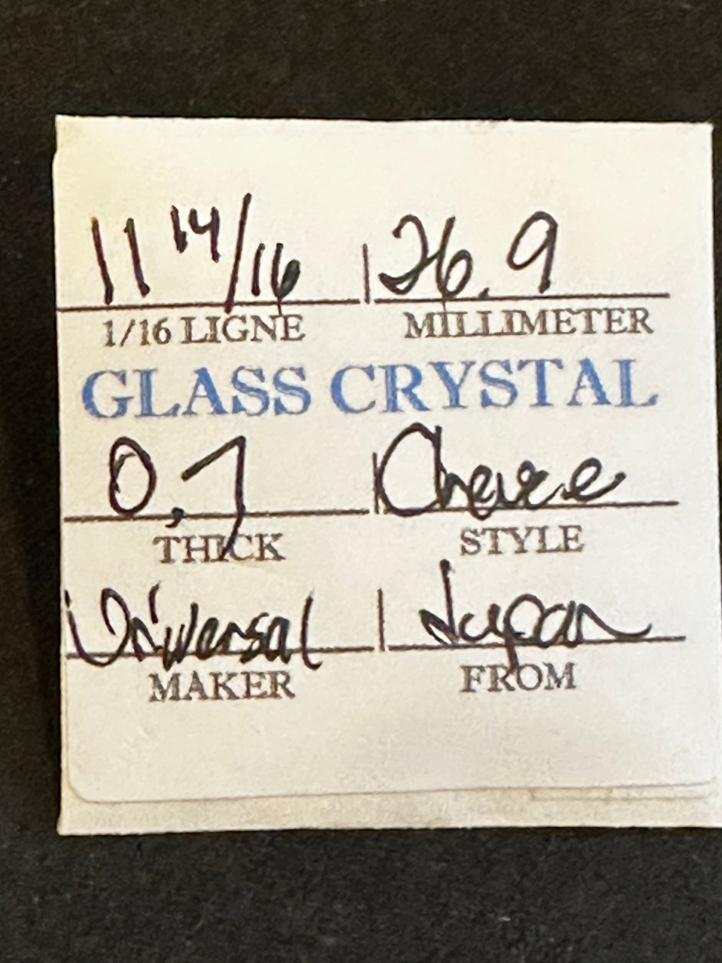 Universal Vintage Small Glass Watch Crystal 11-14/16 (~26.9mm) - NOS