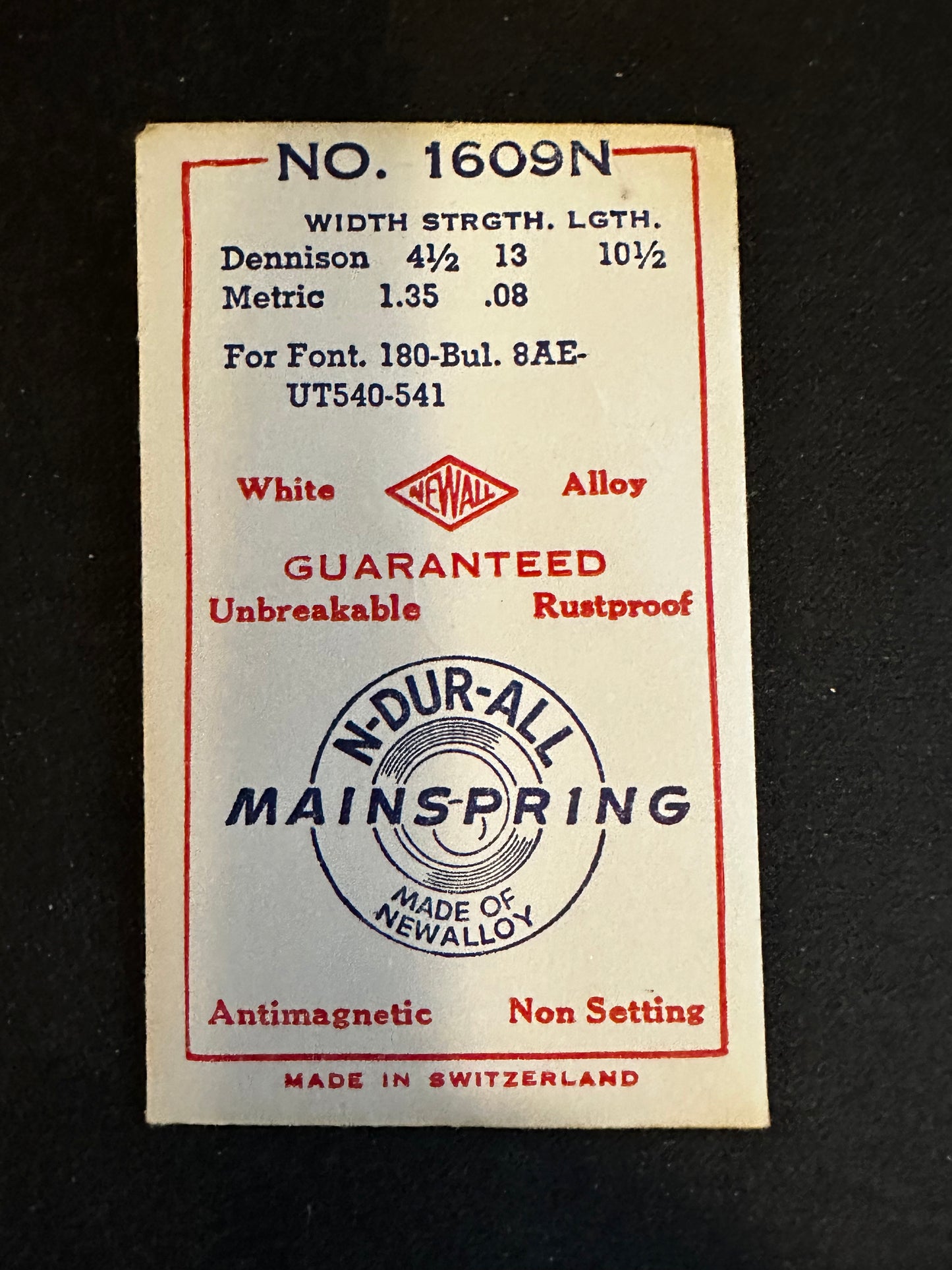 Newall Unbreakable Mainspring 1609N for Font 180, Bulova 8AE, Unitas 540, 541 - Alloy