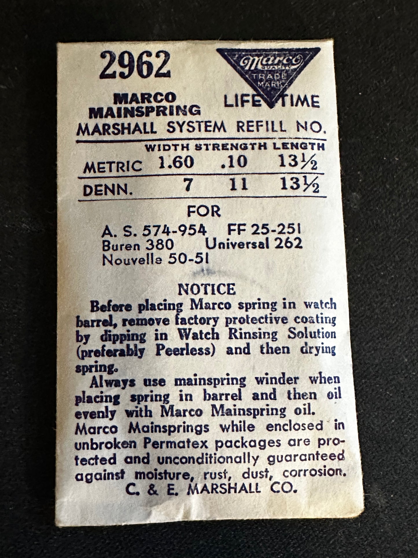Marco Mainspring #2962 for Universal 262, Buren 380, Font 25, 251, AS 574, 954 - Steel