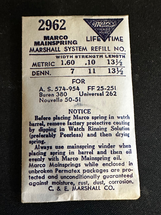 Marco Mainspring #2962 for Universal 262, Buren 380, Font 25, 251, AS 574, 954 - Steel