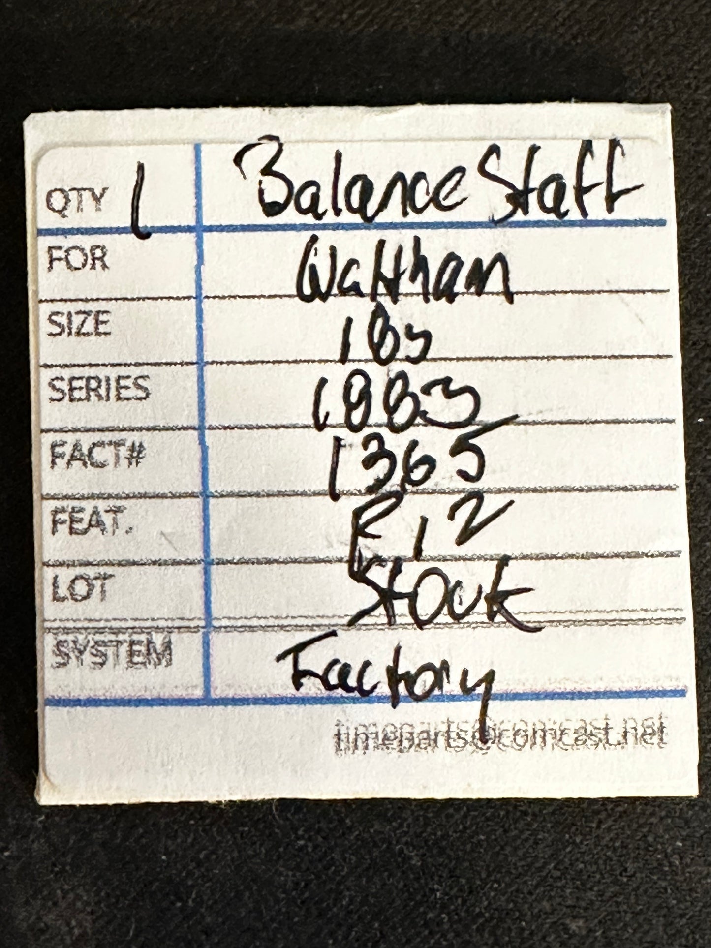 Waltham Factory Balance Staff for 18s Model 1883 No. 1365 / 3