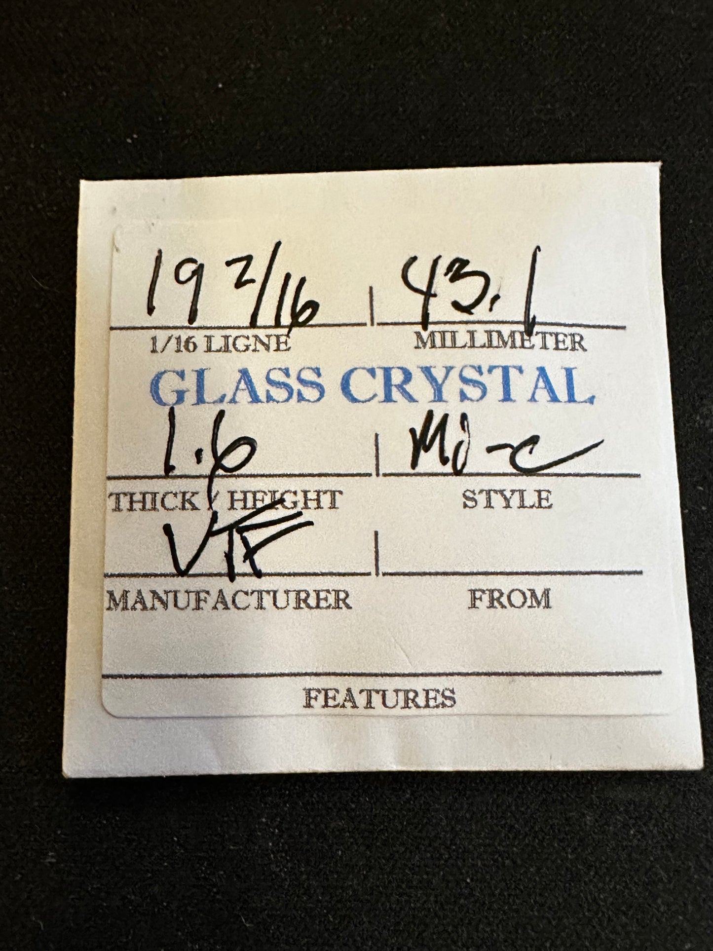 VTF Vintage Glass Pocket Watch Crystal 19-2/16 (~43.1mm) - NOS