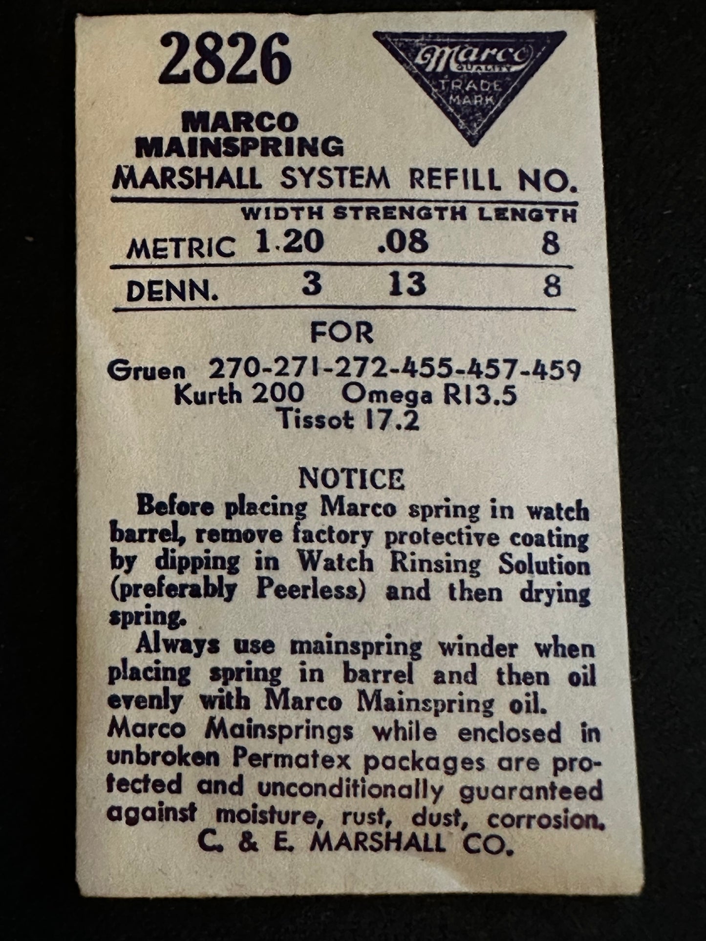 Marco Mainspring #2826 for Kurth 200, Gruen 270, 271, 272, 455, 457, 459, Tissot 17.2 - Steel
