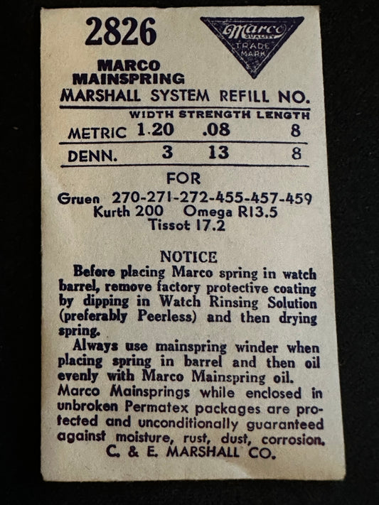 Marco Mainspring #2826 for Kurth 200, Gruen 270, 271, 272, 455, 457, 459, Tissot 17.2 - Steel