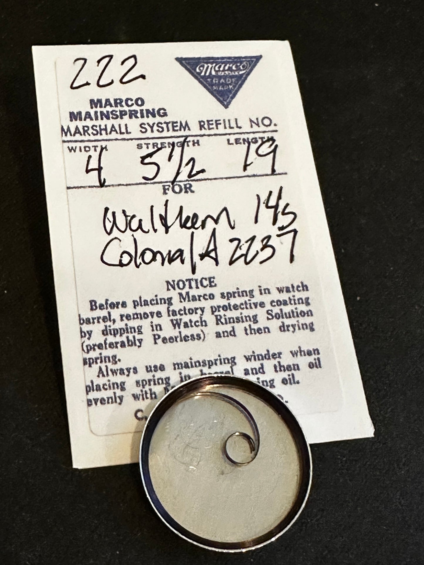 Marco Mainspring #222 for Waltham Colonial Series Model A No. 2234 - Steel