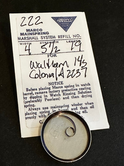 Marco Mainspring #222 for Waltham Colonial Series Model A No. 2234 - Steel