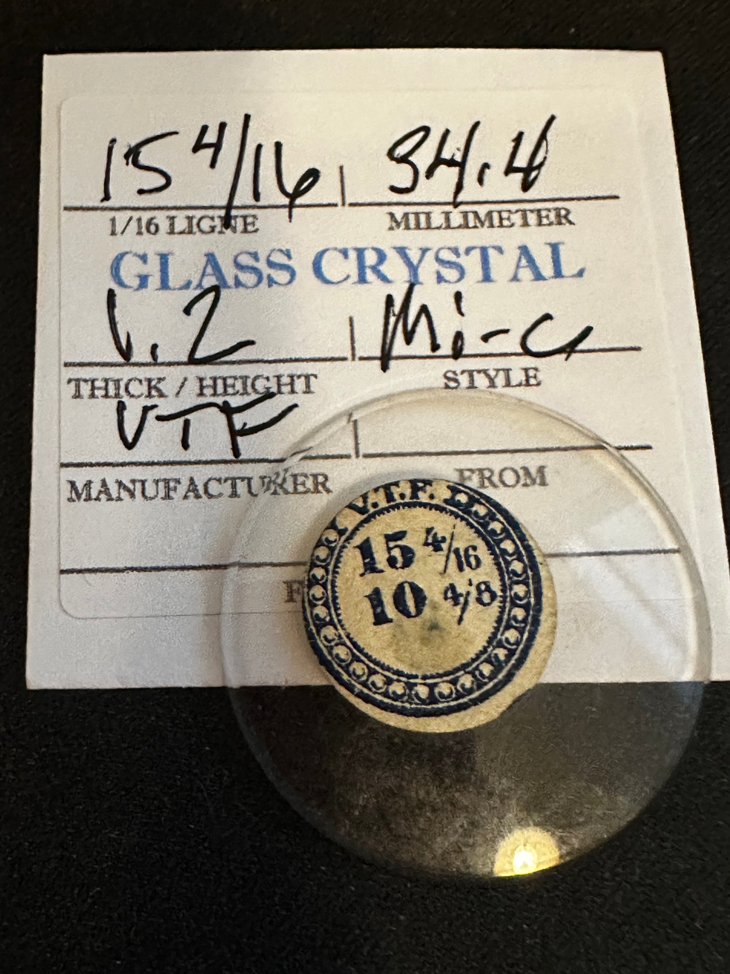 VTF Vintage Glass Pocket Watch Crystal 15-4/16 (~34.4mm) - NOS