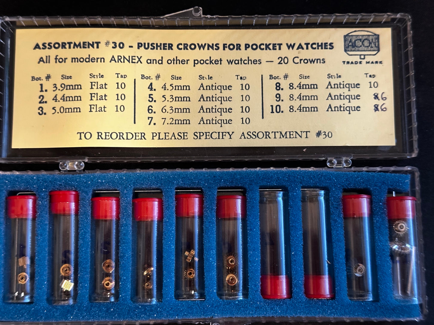 ACON Assortment #30 of Pusher Crowns for Pocket Watches in Box