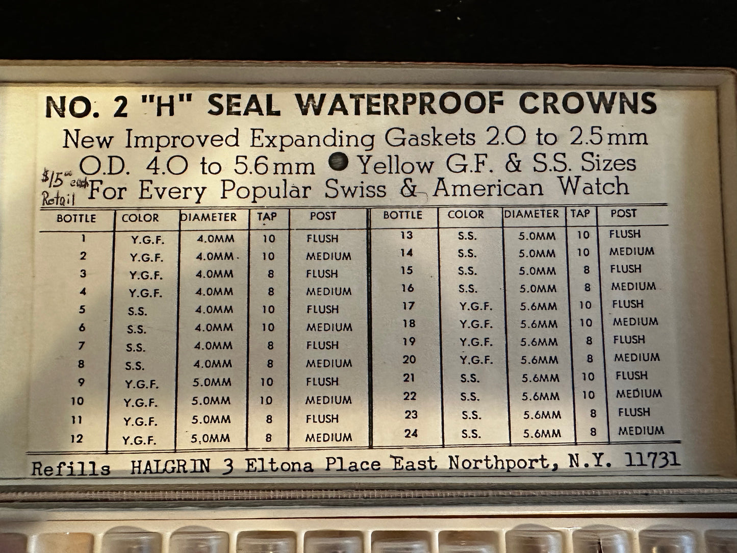 HALGRIN Assortment No. 2 "H" Seal (O-Ring) Waterproof Crowns in Box