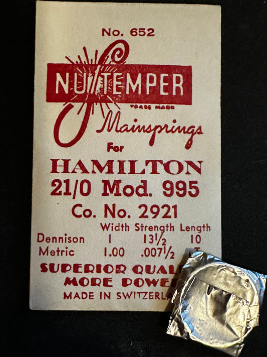 NuTemper Mainspring #652 for 21/0s Hamilton No. 2921 - Steel