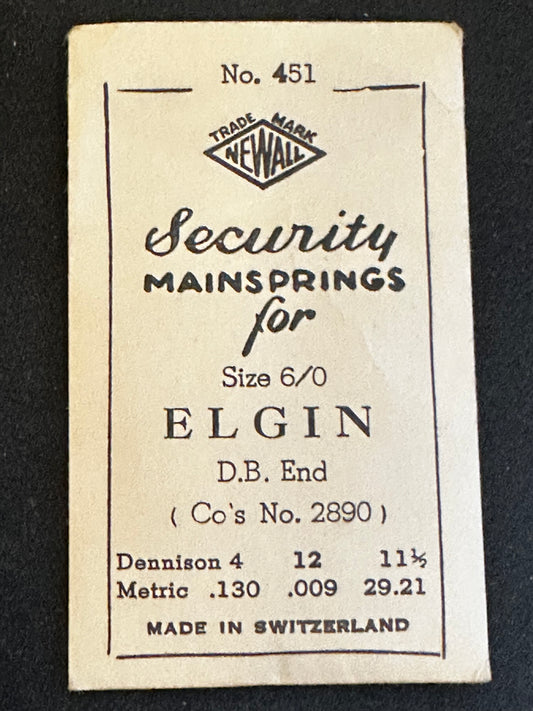 Newall Security Mainspring #451 for Elgin 6/0s No. 2890 - Steel