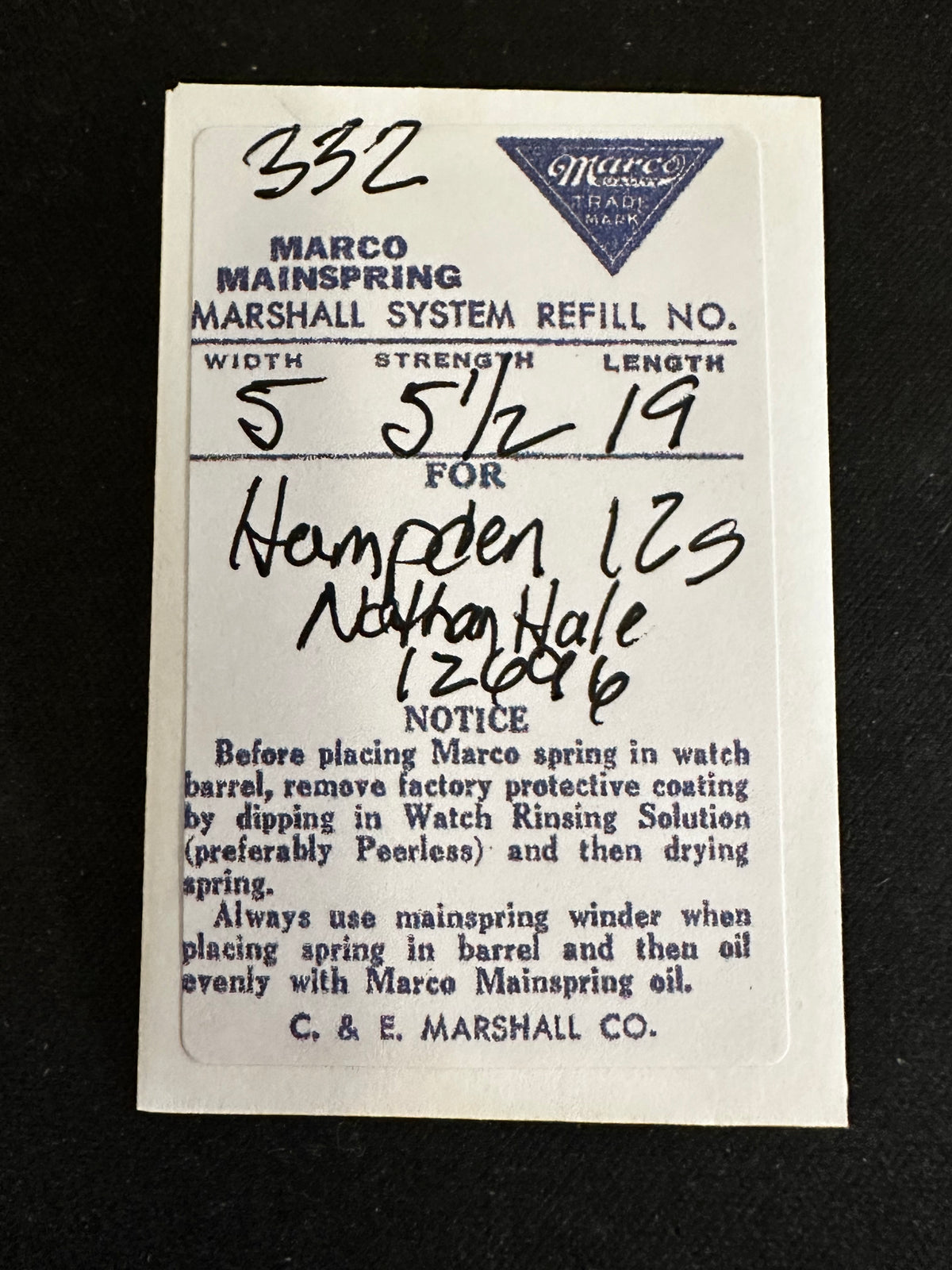 Marco Mainspring #332 for 12s Hampden Paul Revere & Nathan Hale No. 12696