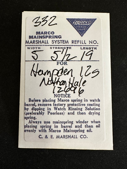 Marco Mainspring #332 for 12s Hampden Paul Revere & Nathan Hale No. 12696