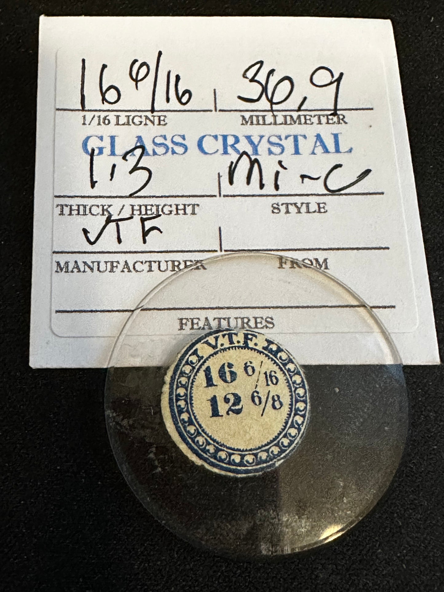 VTF Vintage Glass Pocket Watch Crystal 16-6/16 (~36.9mm) - NOS