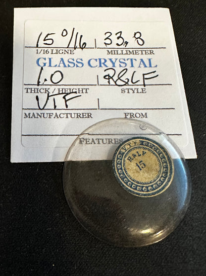 VTP Vintage Glass Watch Crystal "R & L F" 15-0/16 (33.8mm) - NOS
