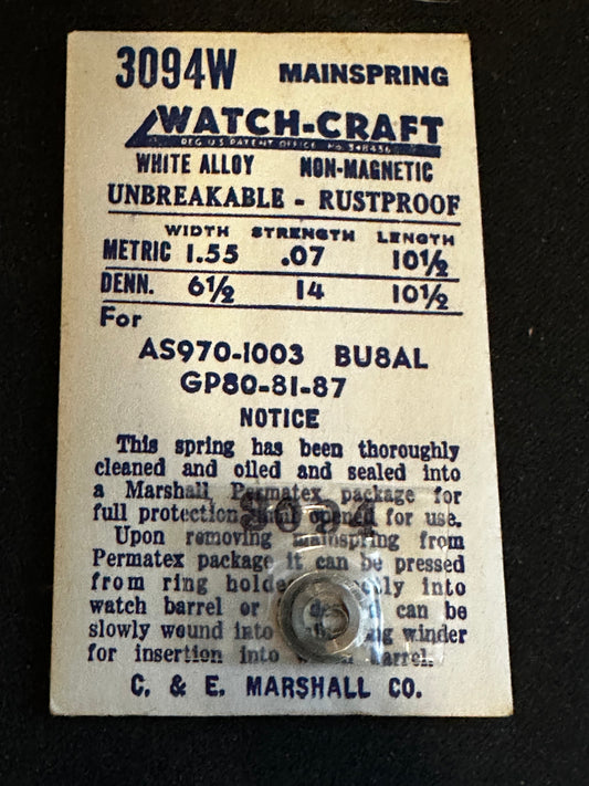 WATCH-CRAFT Mainspring 3094W for Bulova 8AL, GP 80, 81, 87, AS 970, 1003 - Alloy
