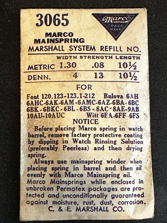 Marco Mainspring #3065 for Bulova 6AH, 6AHC, 6AK, 6AM, 6AMC, 6AZ, 6BA, 6BC, 6BK, 6BKC, 6BL, 6BS - Steel