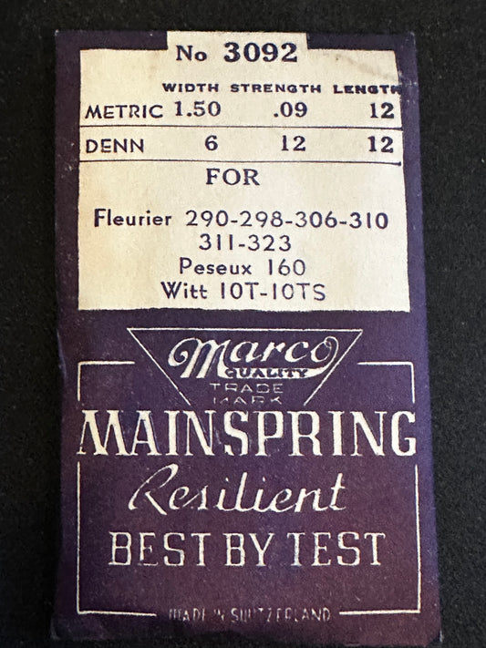 Marco Mainspring #3092 for Wittnauer 10T, 10TS, 52, ETA 865, 871, FEF 170, Rolex 10½H  - Steel