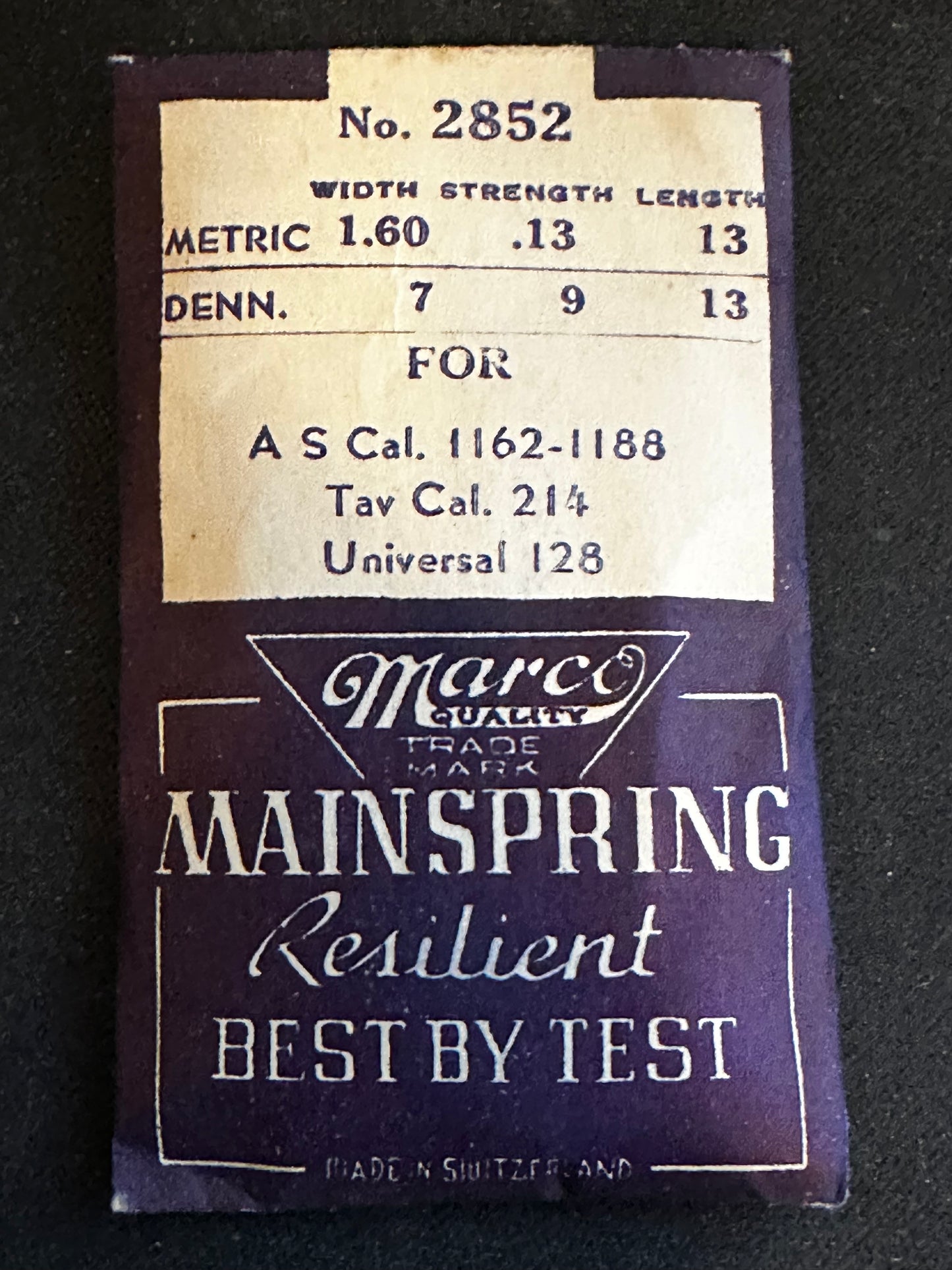 Marco Mainspring #2852 for Universal 128, 129, Tavannes 214, AS 1162, 1188 - Steel