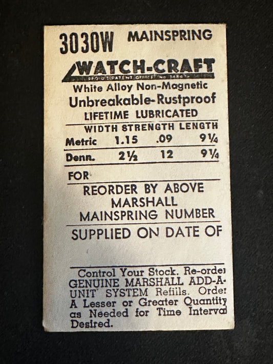 WATCH-CRAFT Mainspring 3030W for Pierce 50A, 59, 59D, Durowe 1268, 1290 - Alloy