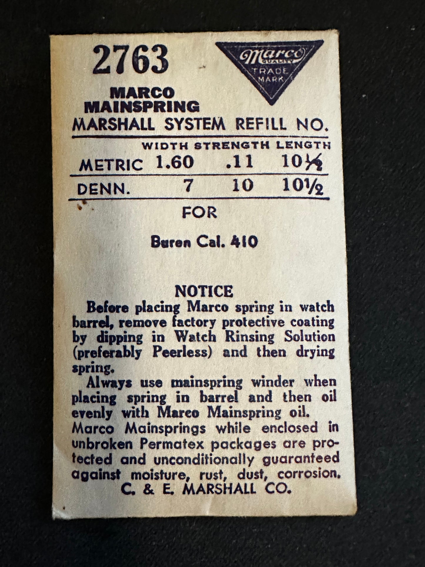 Marco Mainspring #2763 for Buren caliber 410 movements - Steel