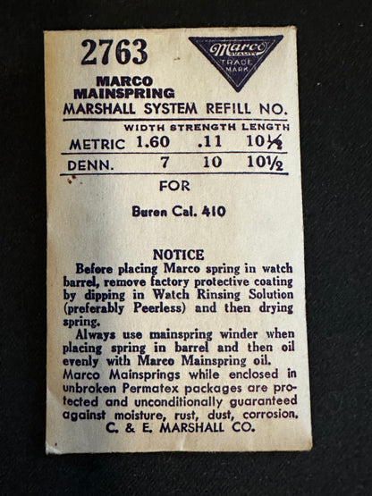 Marco Mainspring #2763 for Buren caliber 410 movements - Steel