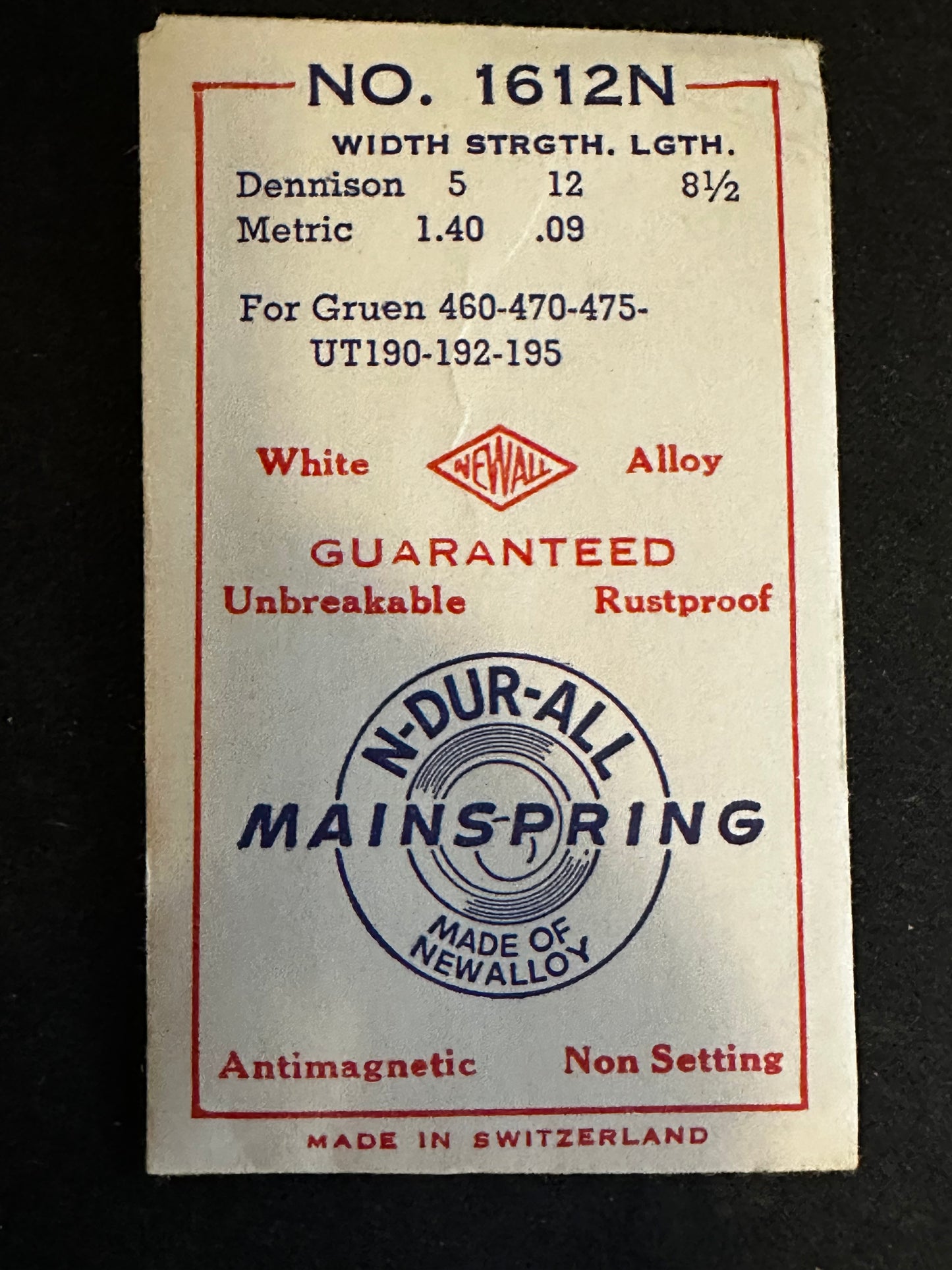 NEWALL Mainspring #1612N for Gruen 460, 470, 475, Unitas 190, 192, 195 - Alloy
