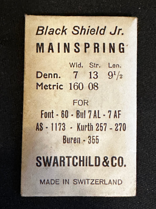 Swartchild Black Shield Jr Mainspring for Font 60, AS 1173, Bulova 7AL, 7AF - Steel