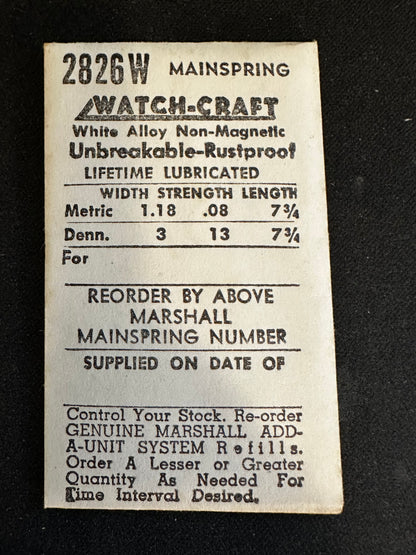 WATCH-CRAFT Mainspring 2826W for Kurth 200, Gruen 270, 271, 272, 455, 457, 459, Tissot 17.2 - Alloy