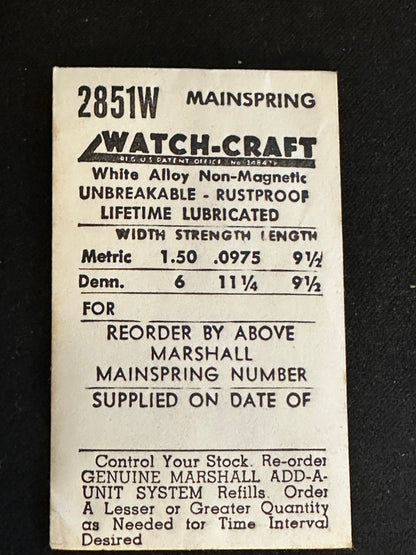 WATCH-CRAFT Mainspring 2851W for Benrus CF, Wittnauer 11RW, ETA 1156 - Alloy