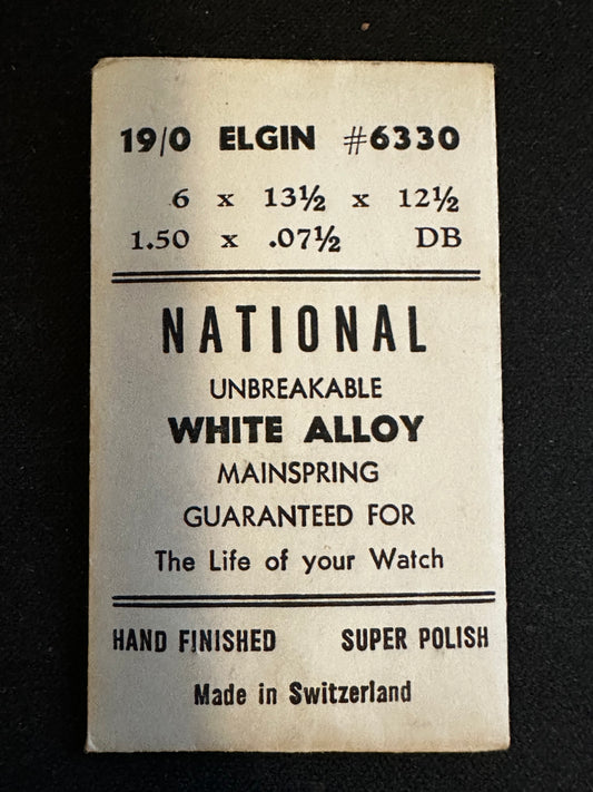 National Unbreakable Mainspring for Elgin 19/0 No. 6330 - Alloy