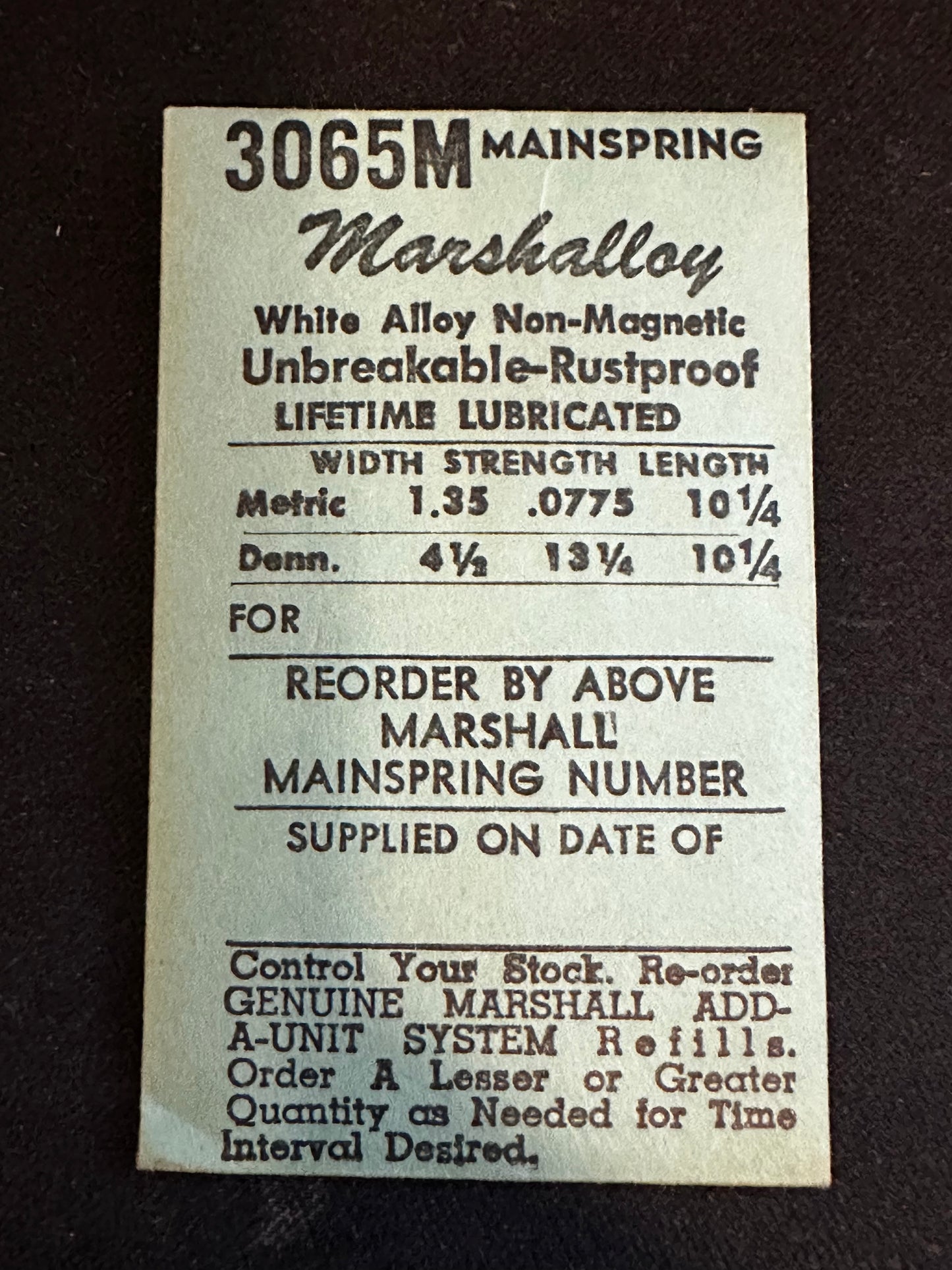 Marco Marshalloy Mainspring 3065M for Font 120, 123, 123-1, Benrus AI - Alloy