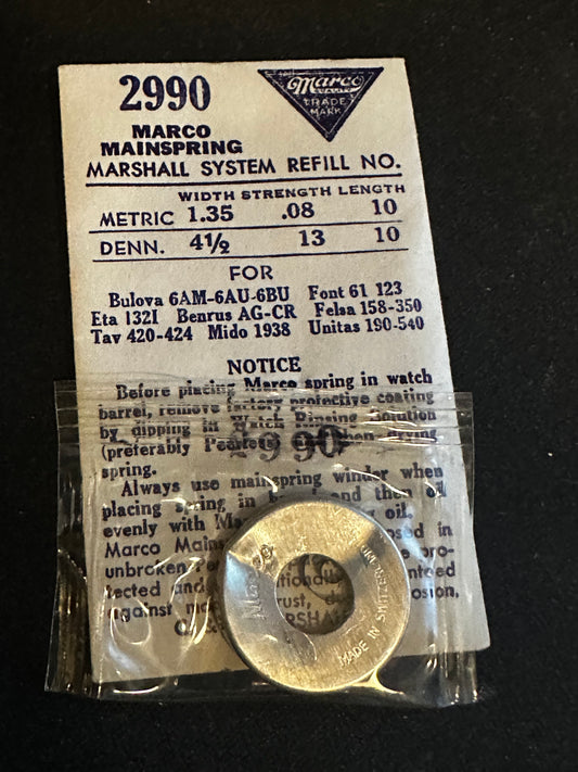 Marco Mainspring #2990 for ETA 1321, Bulova 6AM, 6AU, 6BU, Mido 1938, Tavannes 420 - Steel