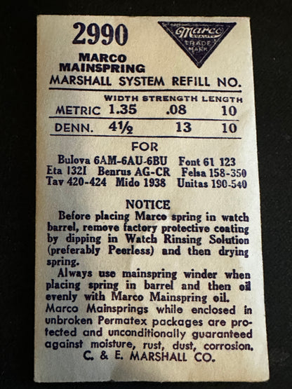 Marco Mainspring #2990 for ETA 1321, Bulova 6AM, 6AU, 6BU, Mido 1938, Tavannes 420 - Steel